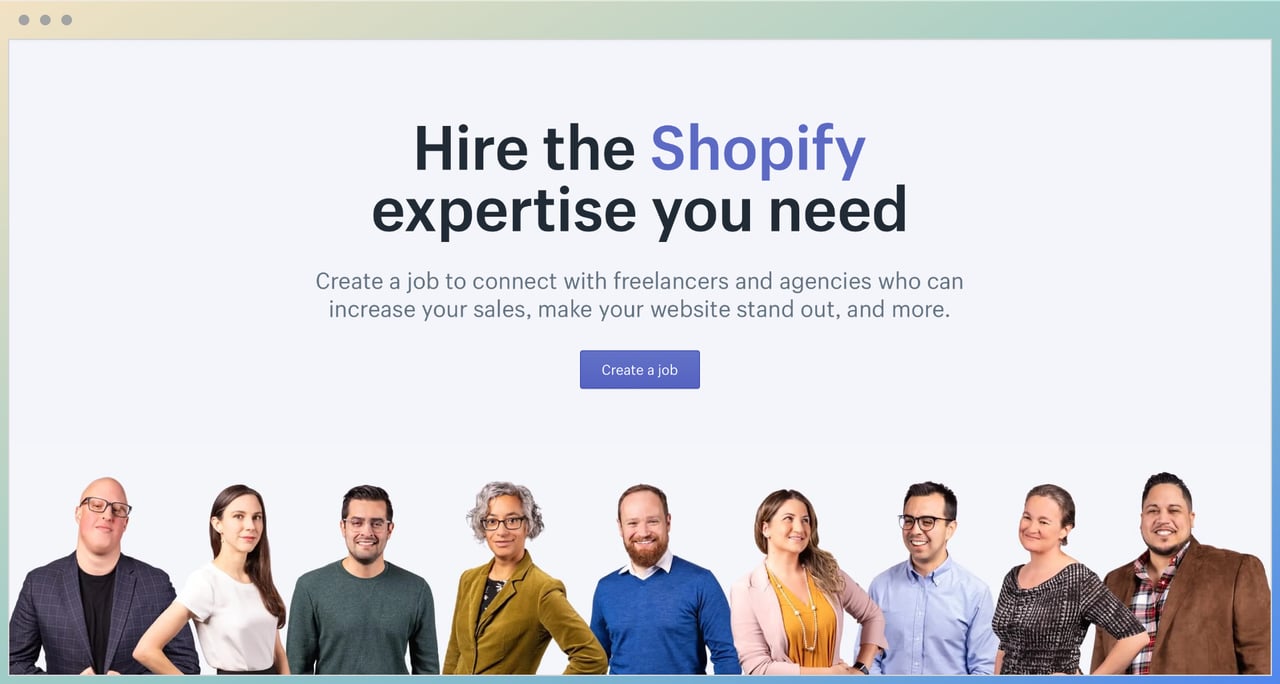 Shopify experts homepage with a group of people, men and women below, and a headline in the center with a create a job button in the middle