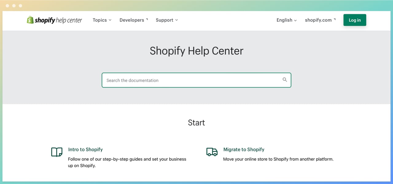 shopify help center homepage with shopify logo on the upper left corner and search the documentation box in the center and a green login button on the upper right corner