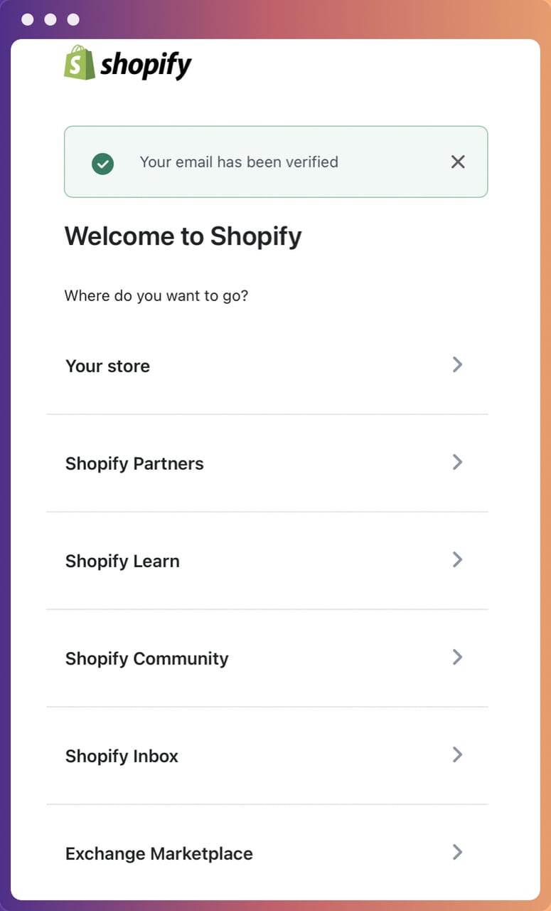 Welcome to Shopify Page screenshot directing to Store, Shopify Partners, Shopify Learn, Shopify Community and similar tabs