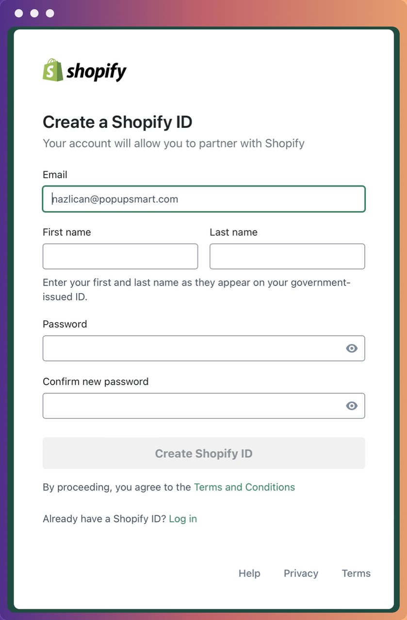 Creating a Shopify ID Page screenshot including email, first name, last name and password boxes