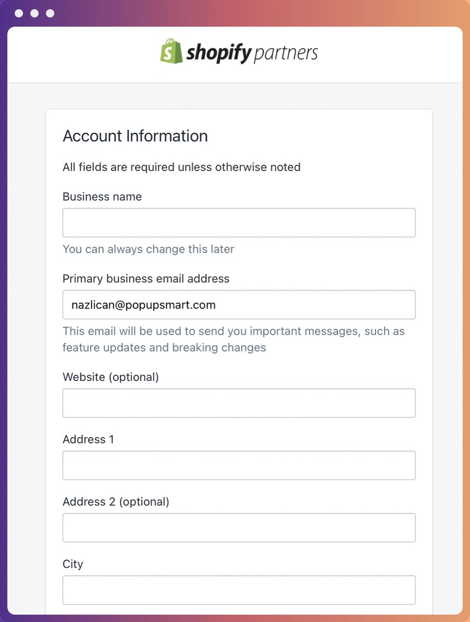 Shopify Partners Account Information Page Screenshot including business name, primary business email address and other information boxes