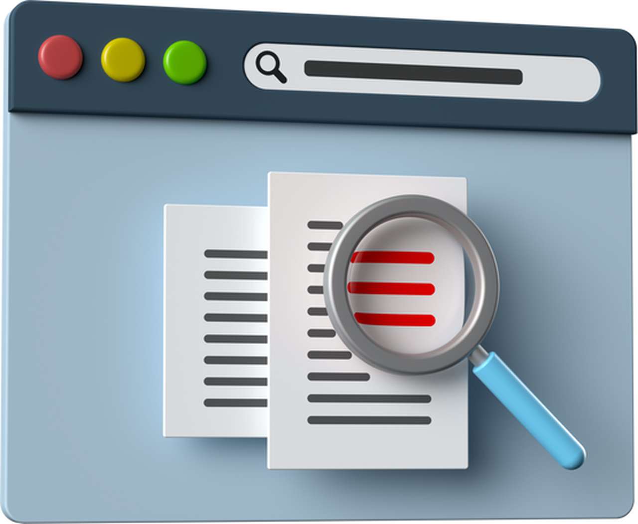 a webpage illustration with a magnifying glass search icon places on top of two pages