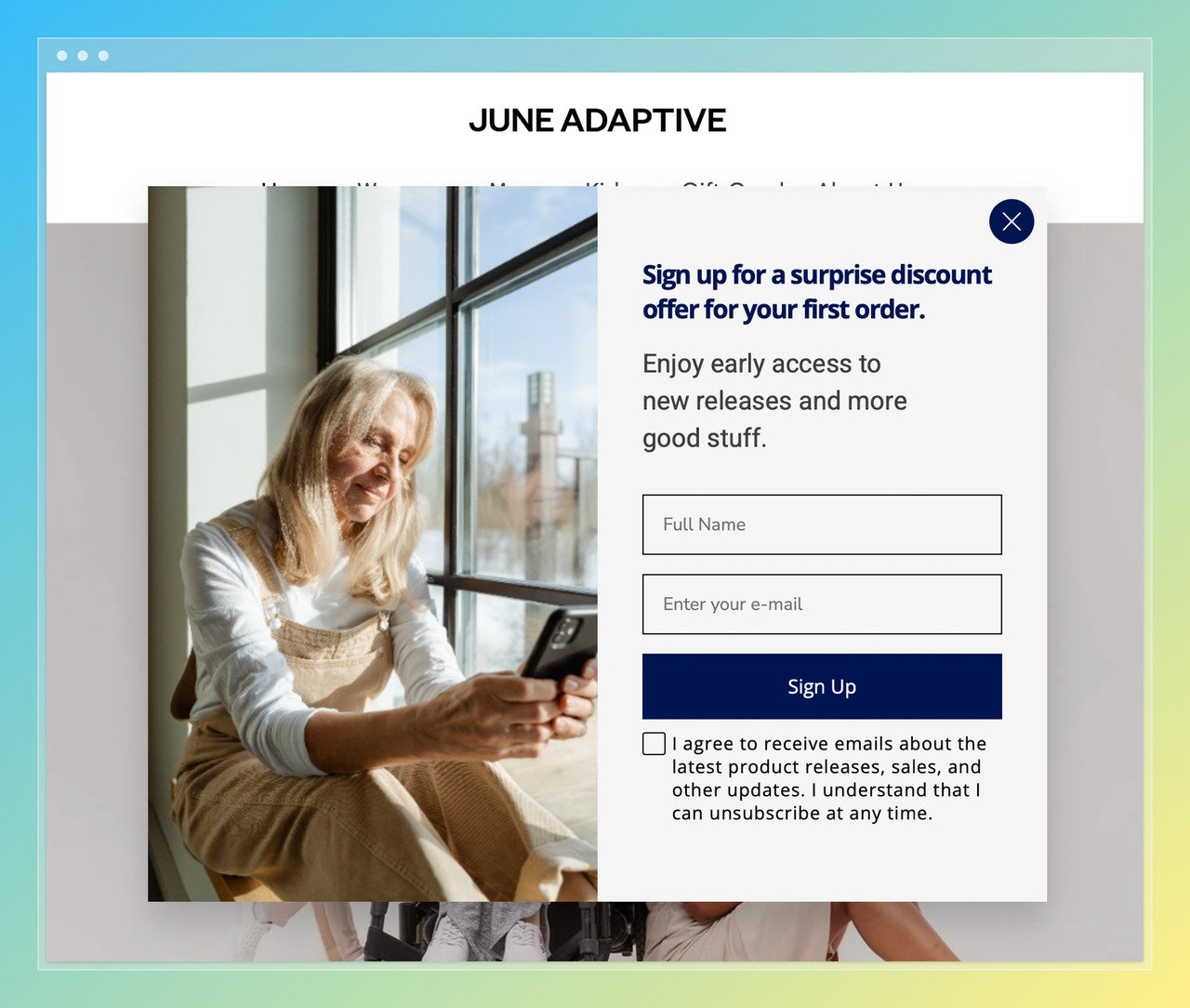 a screenshot of June Adaptive popup example with a woman holding her phone on the left and name and email boxes on the right