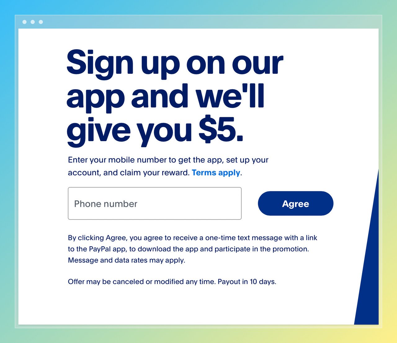 the screenshot of PayPal sign up popup offering $5 if you sign up with a phone number box below