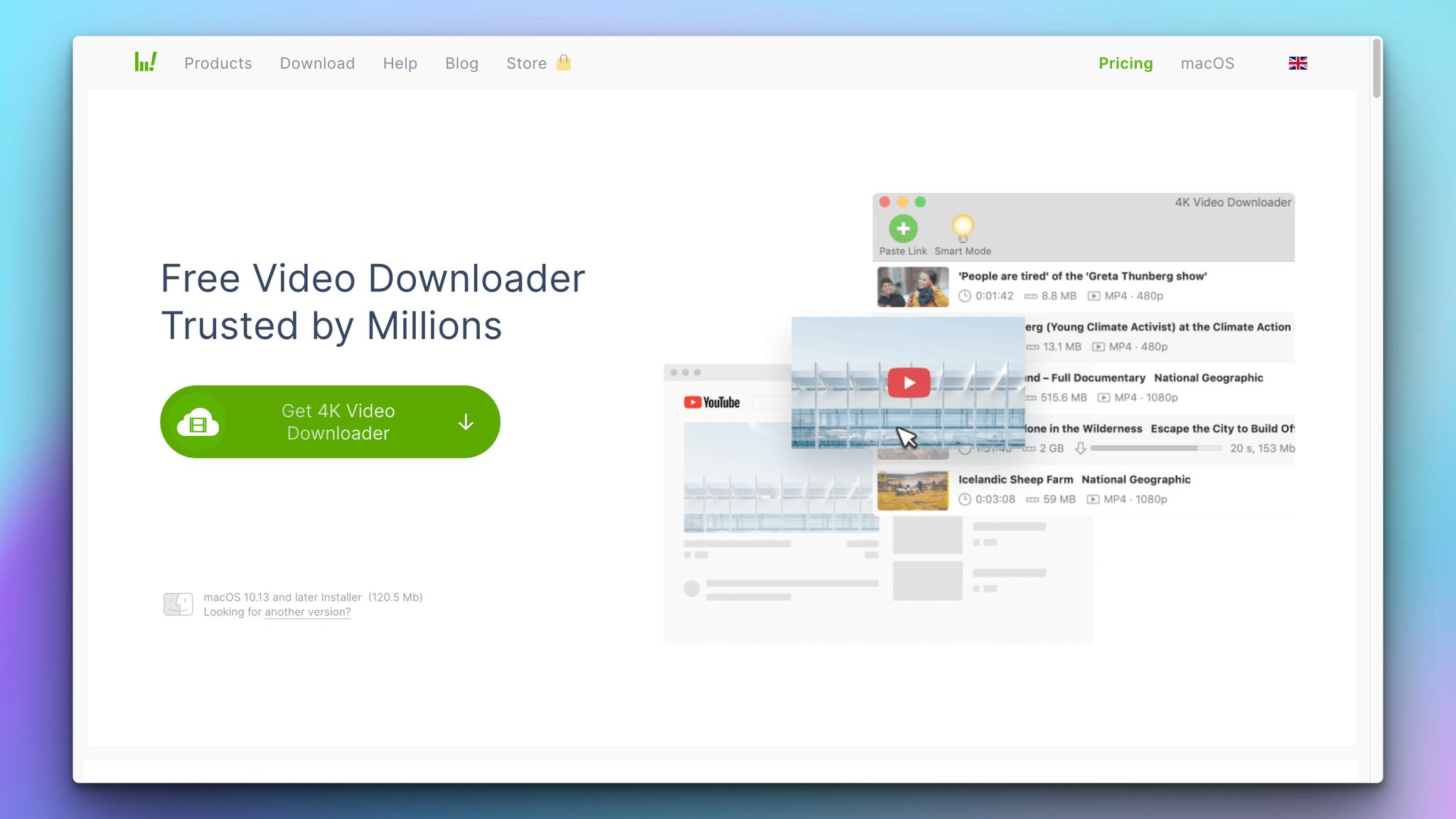 4k download homepage with the headline on the left followed by a download button and three windows showing the app interface on the right