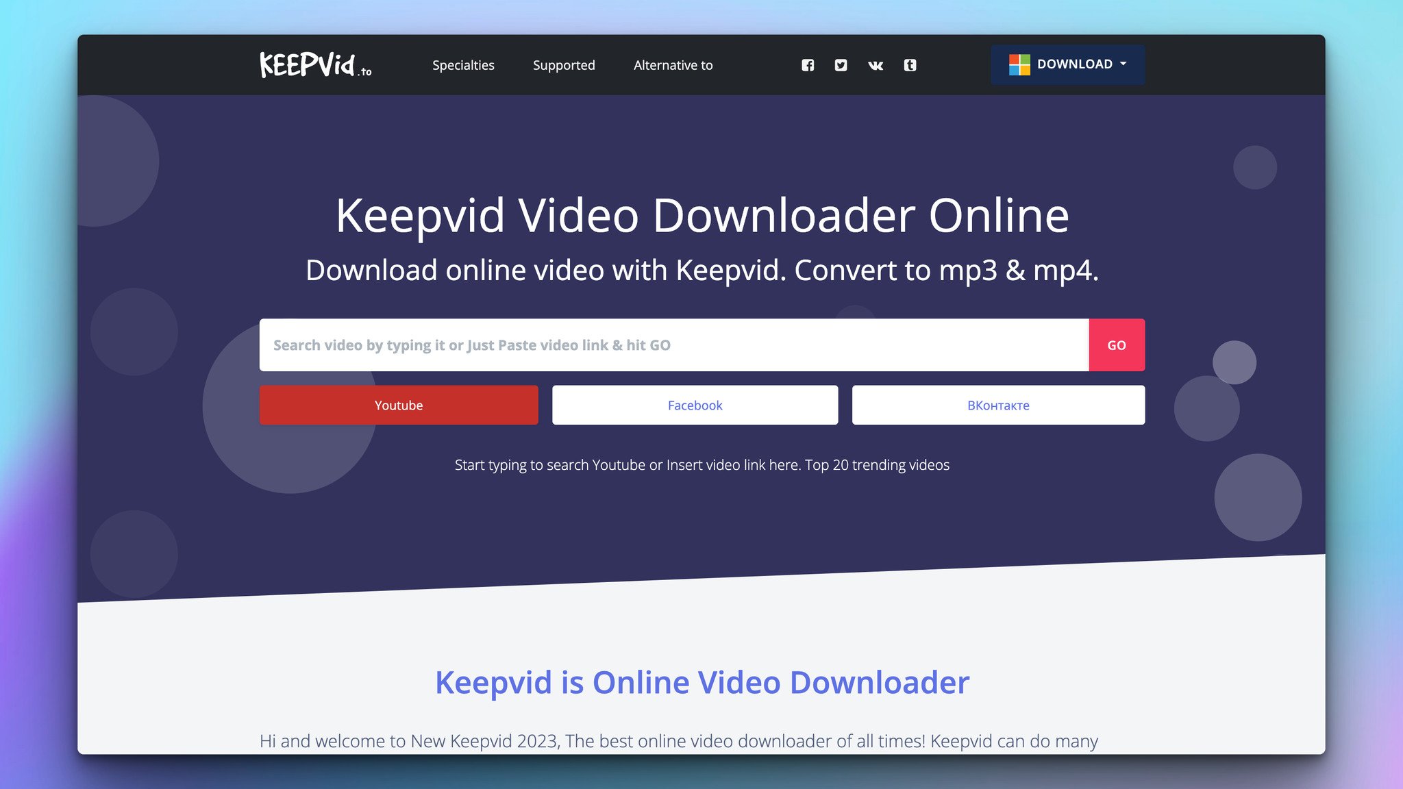 keepvid video downloader app with the headline on top followed by a search bar and social media buttons on a dark blue background