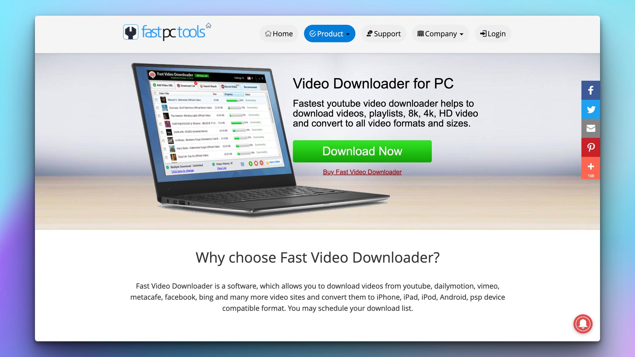 fast video downloader homepage with a laptop image and a headline next to it followed by download button