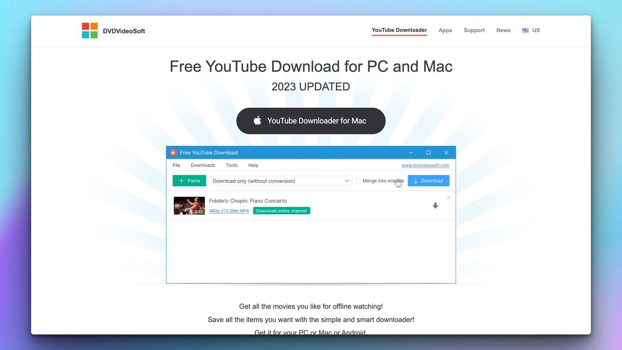 DVDVideoSoft video downloader app homepage with the headline on top followed by a download button and an image of the app interface