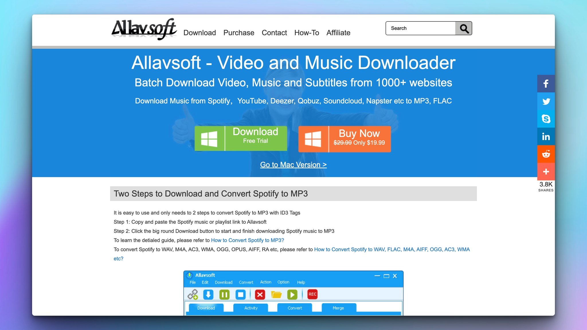 allavsoft video downloader app homepage with the headline on top followed by download and buy now buttons and steps to follow to use the app