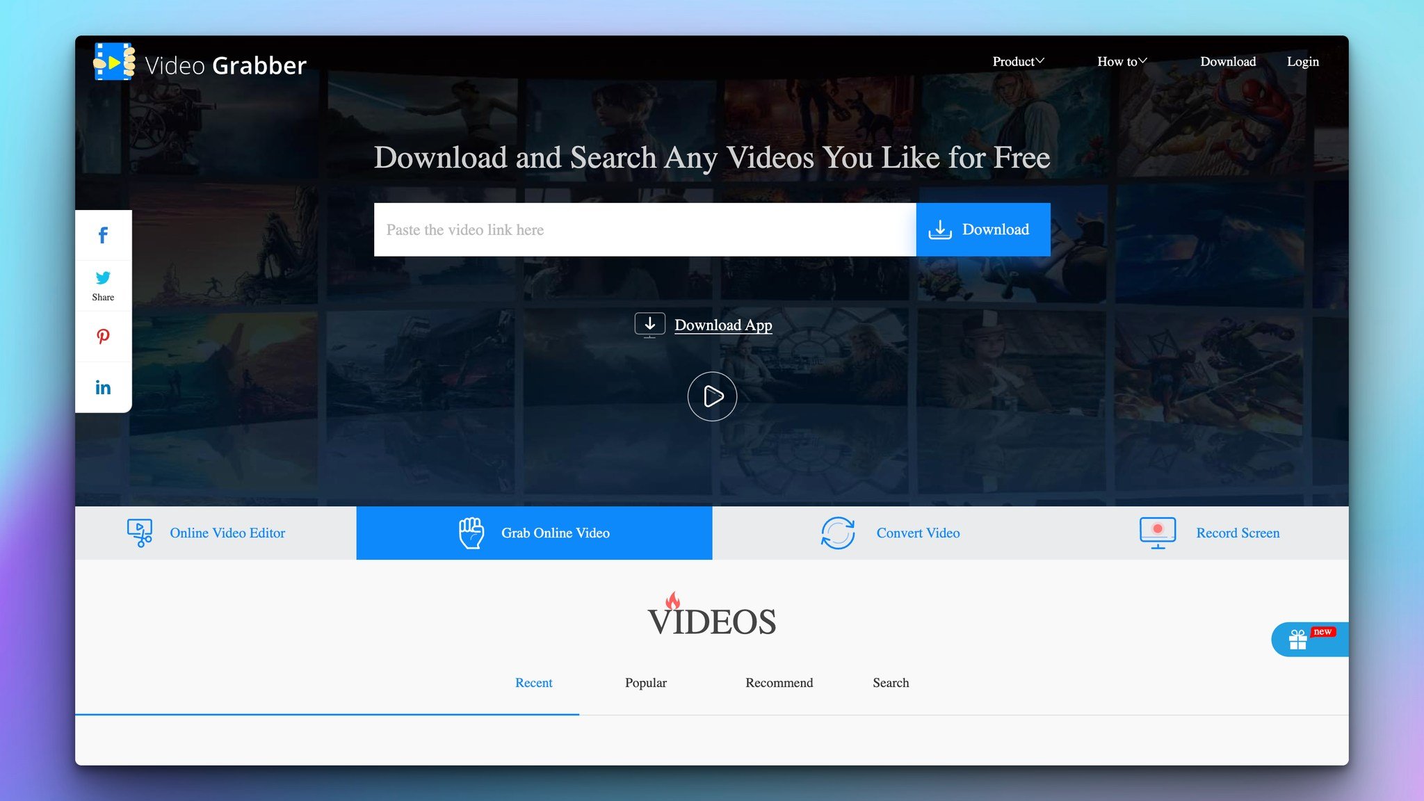 video grabber video downloader homepage with the headline on top followed by a search bar and download button