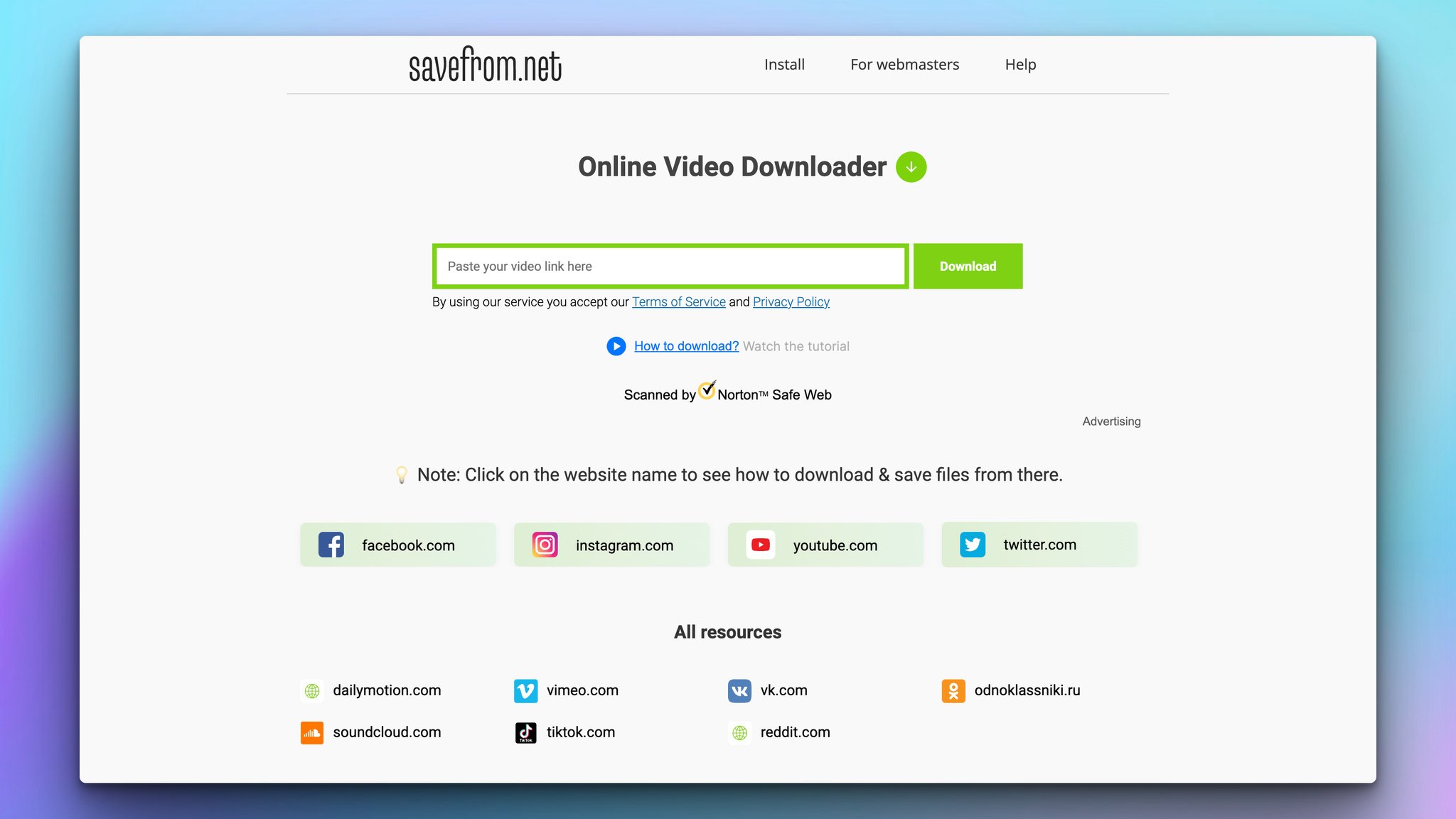 savefrom online video downloader homepage with the headline on top followed by a search bar and social media channels' and video stream websites' icons 