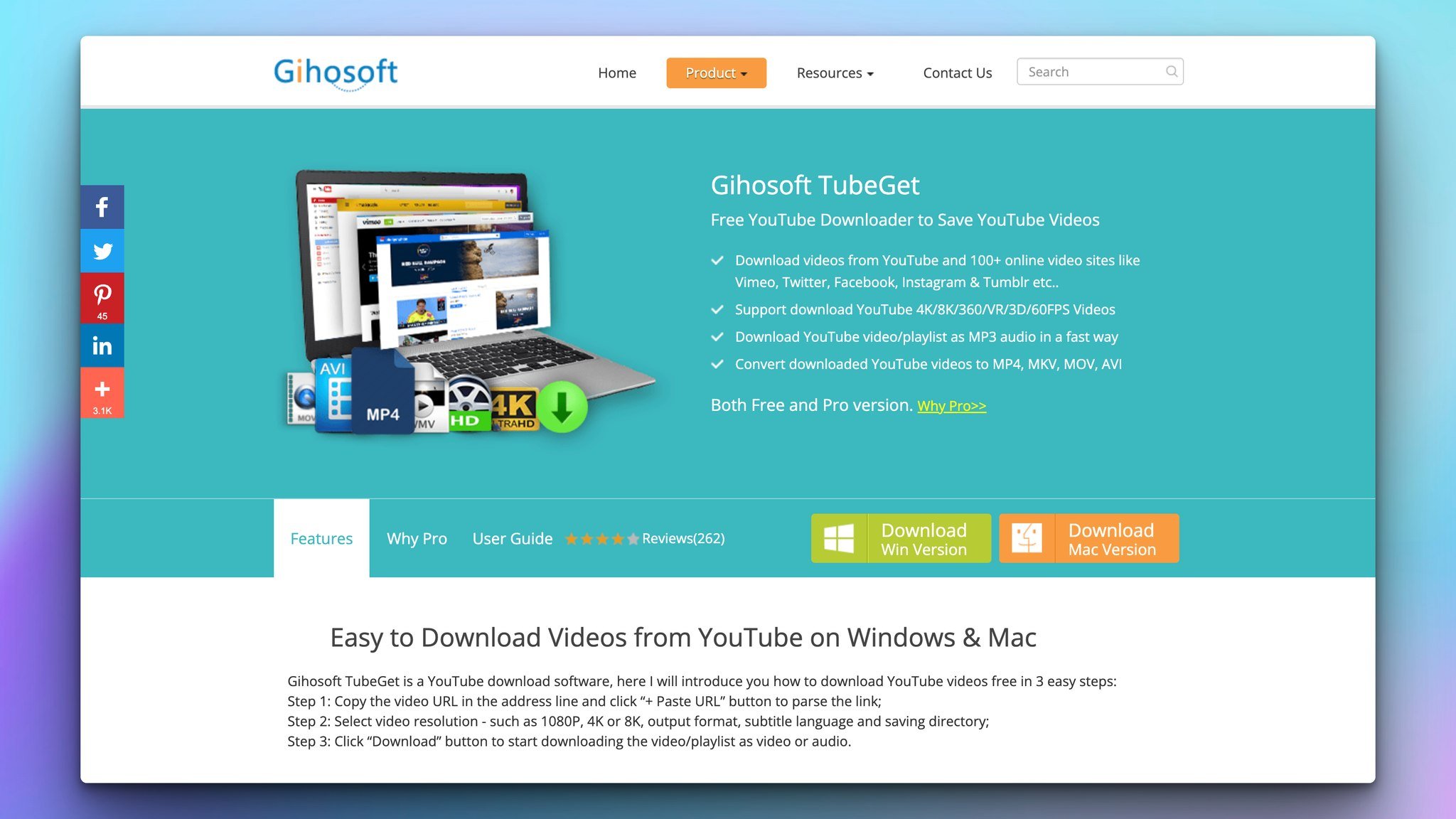 gihosoft video downloader homepage with computer and laptop images on the left and on the right there are tool features listed followed by download buttons