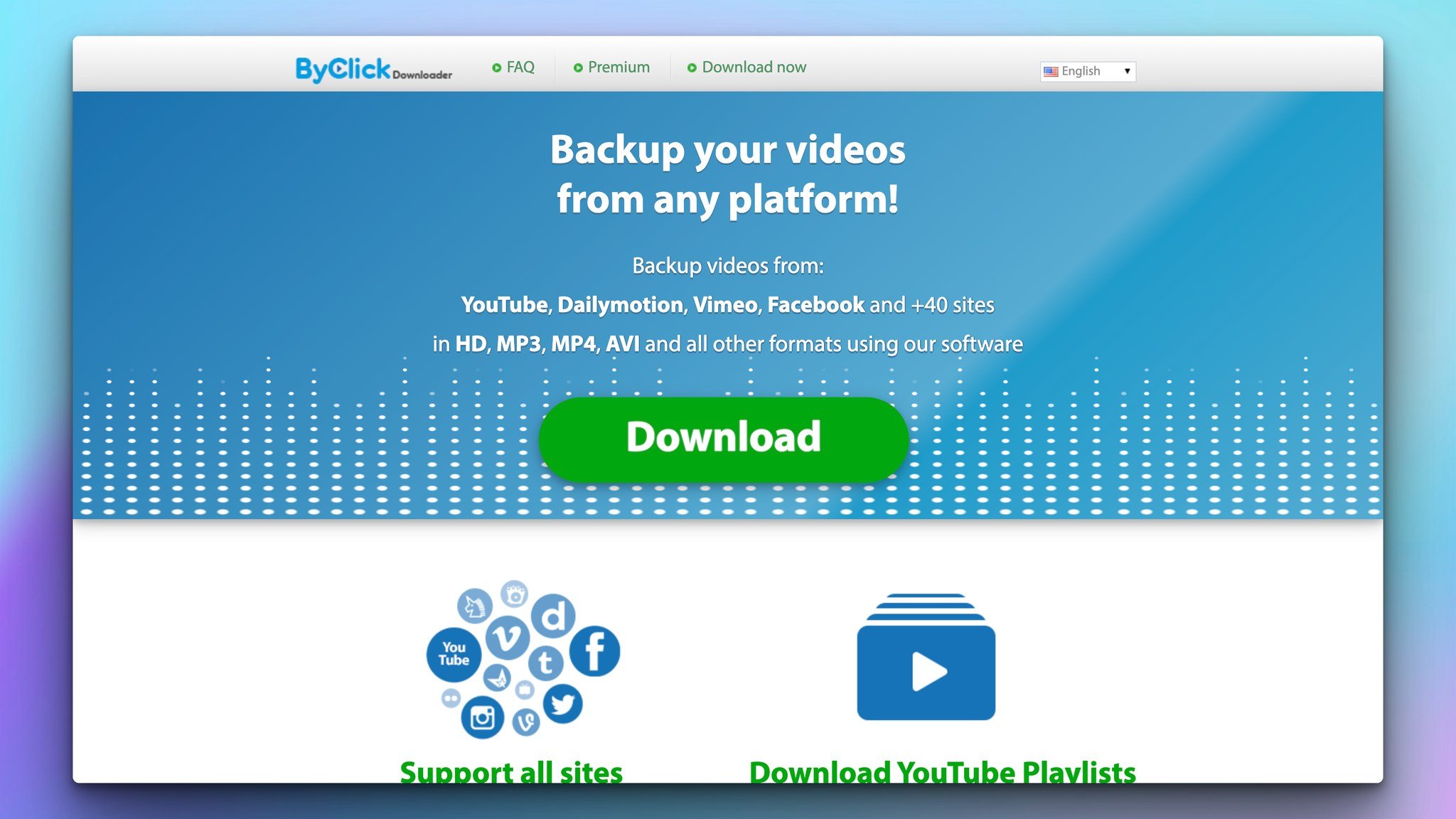 ByClickDownloader video download app homepage with the headline on top followed by the body text and a big download button and social media icon illustration with a download icon below