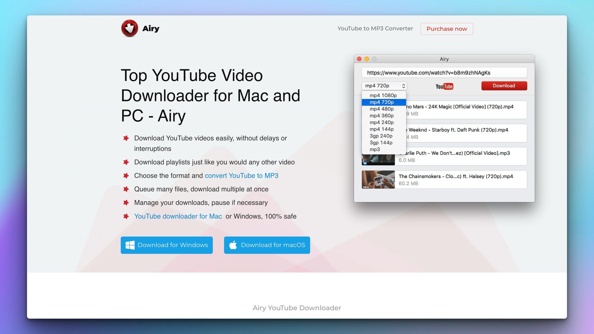 airy video downloader homepage with the headline on top followed by app features and download buttons and on the right, there is a preview of the tool