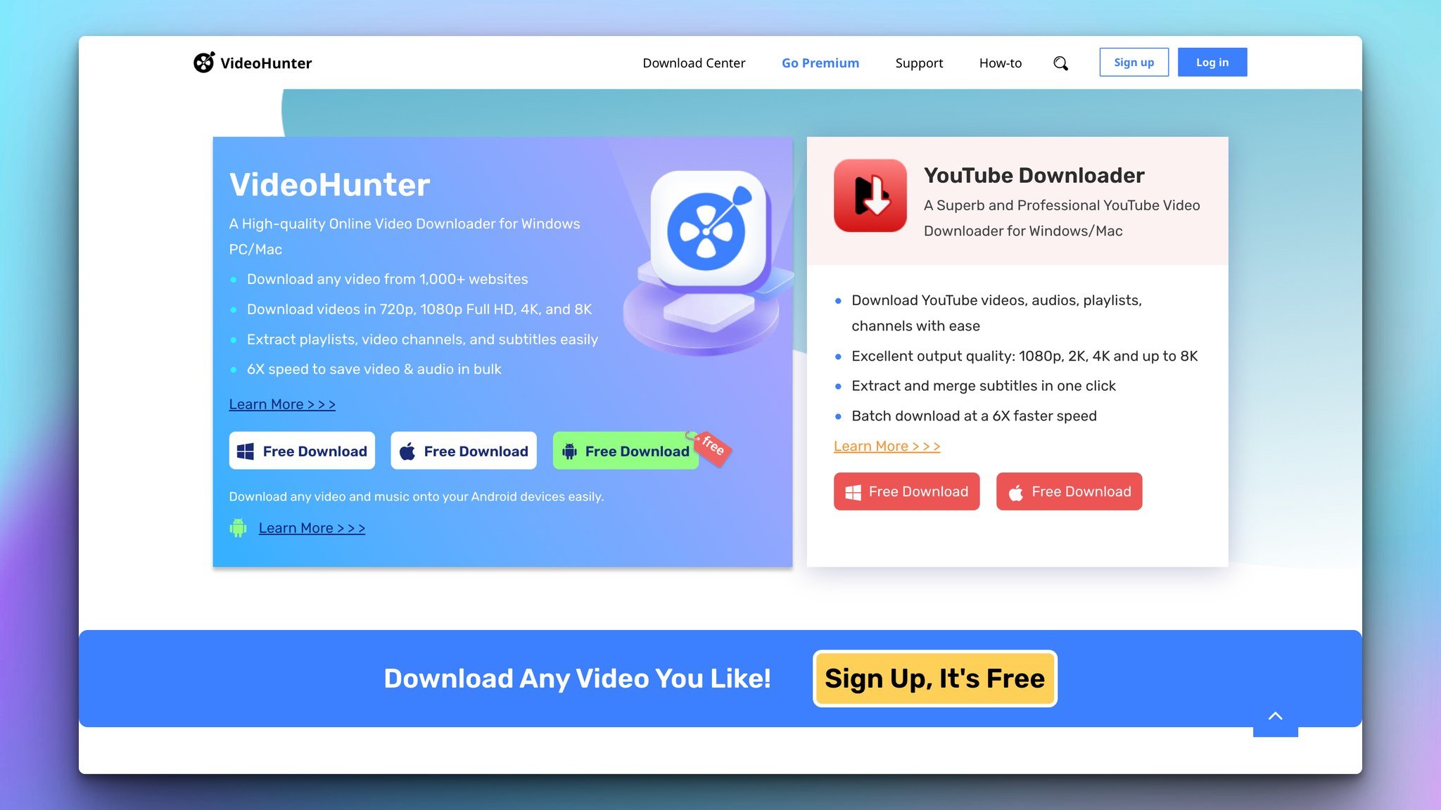 videohunter video downloader app homepage with two app headlines on the top left and right followed by tool feature info and download buttons