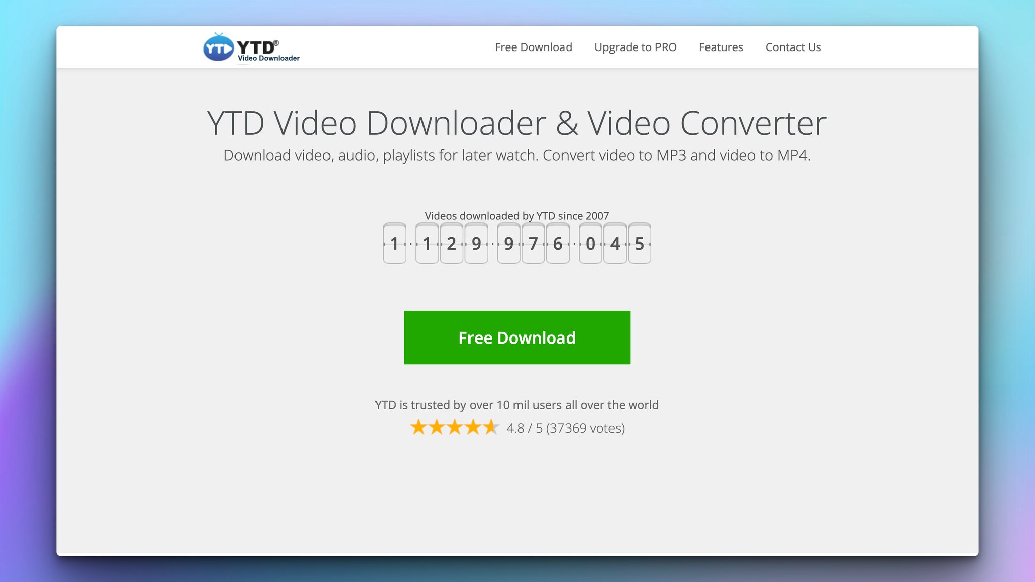 ytd video downloader homepage with the headline on top followed by number showing the number of videos downloaded and a green download button