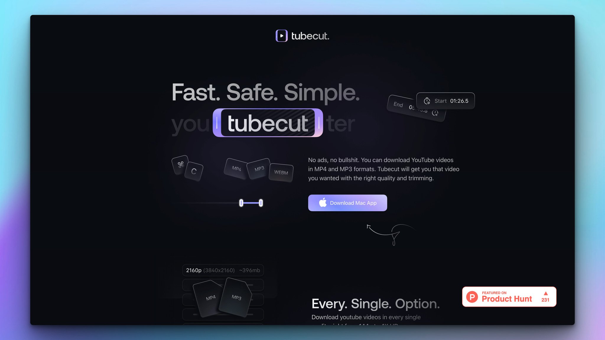 tubecut video downloader tool homepage with the headline on top on a black background followed by a purple download button with a product hunt button in the bottom right corner