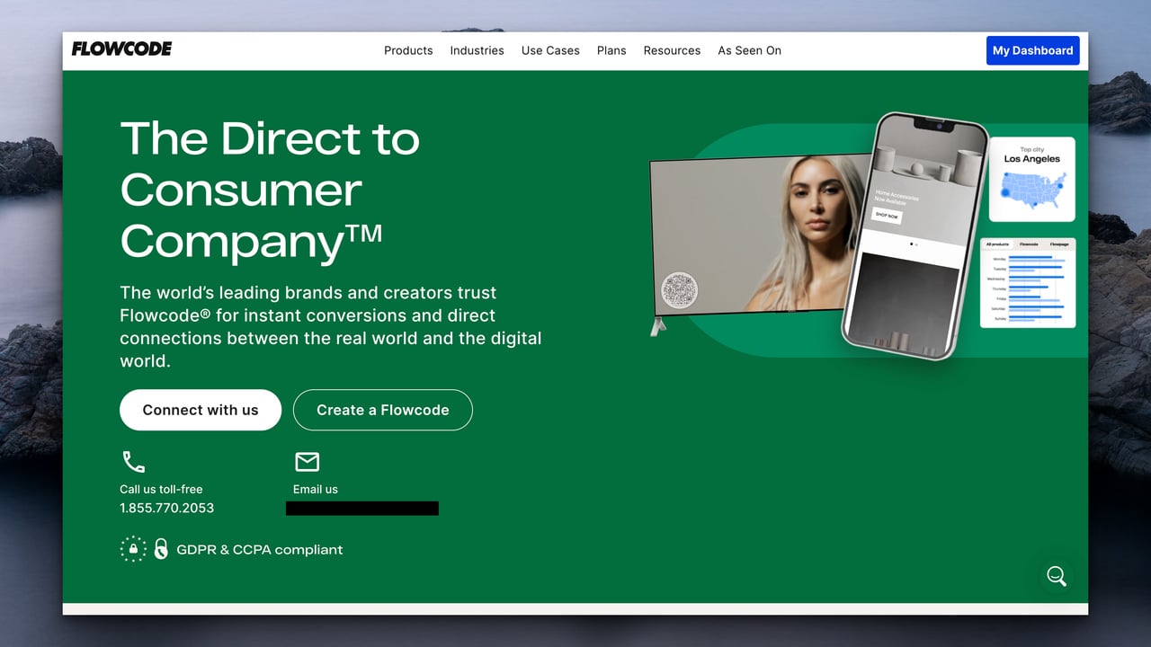 flowcode qr code generator's homepage with a green bacground and a white headline on the left followed by two buttons to contact and on the right there is an image of Kim Kardashian with a QR code on the corner of the image next to a phone