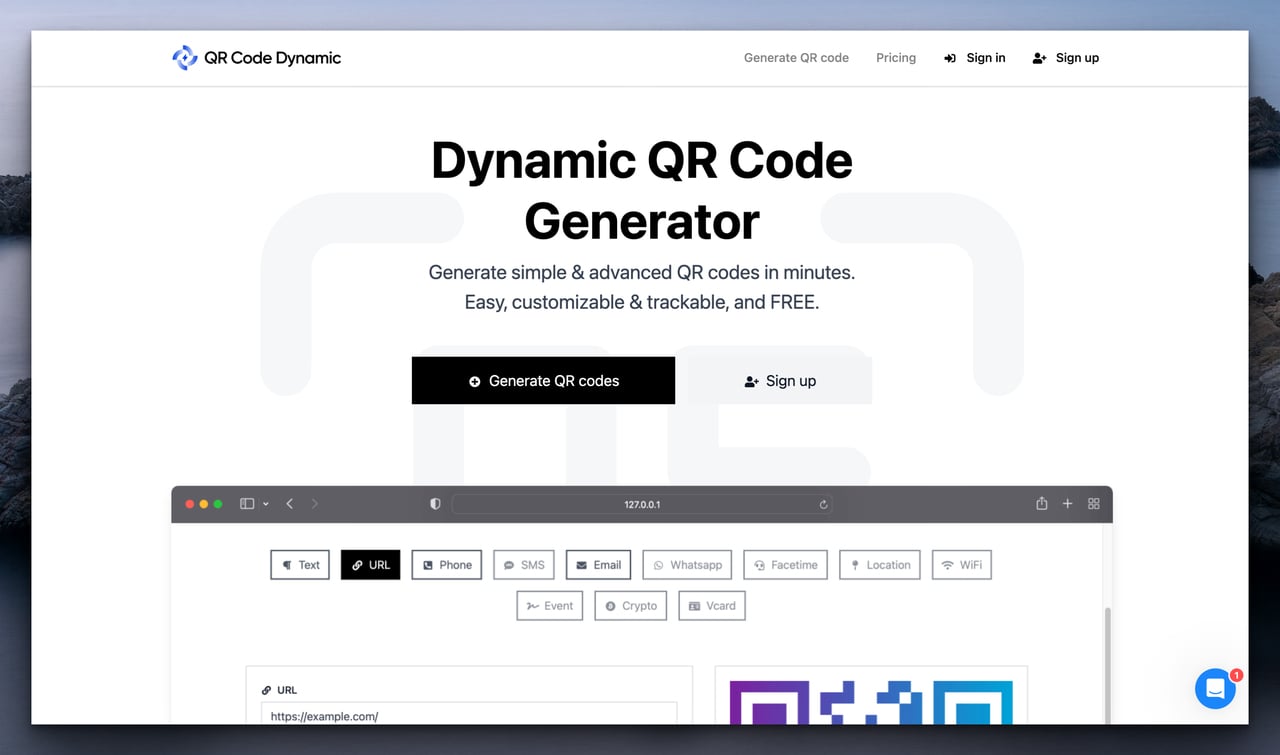 qrcodedynamic qr code generator's homepage with the headline on top followed by two buttons and an image of the tool in action with different types of QR codes