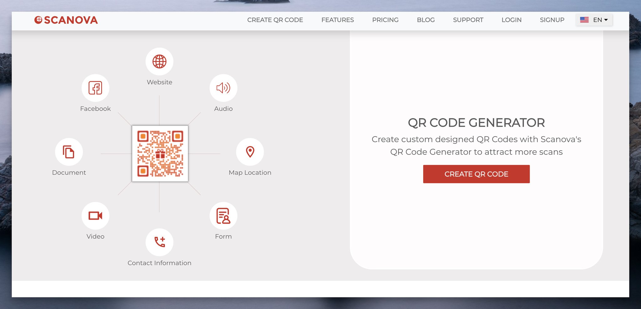 Scanova QR code generator's homepage with