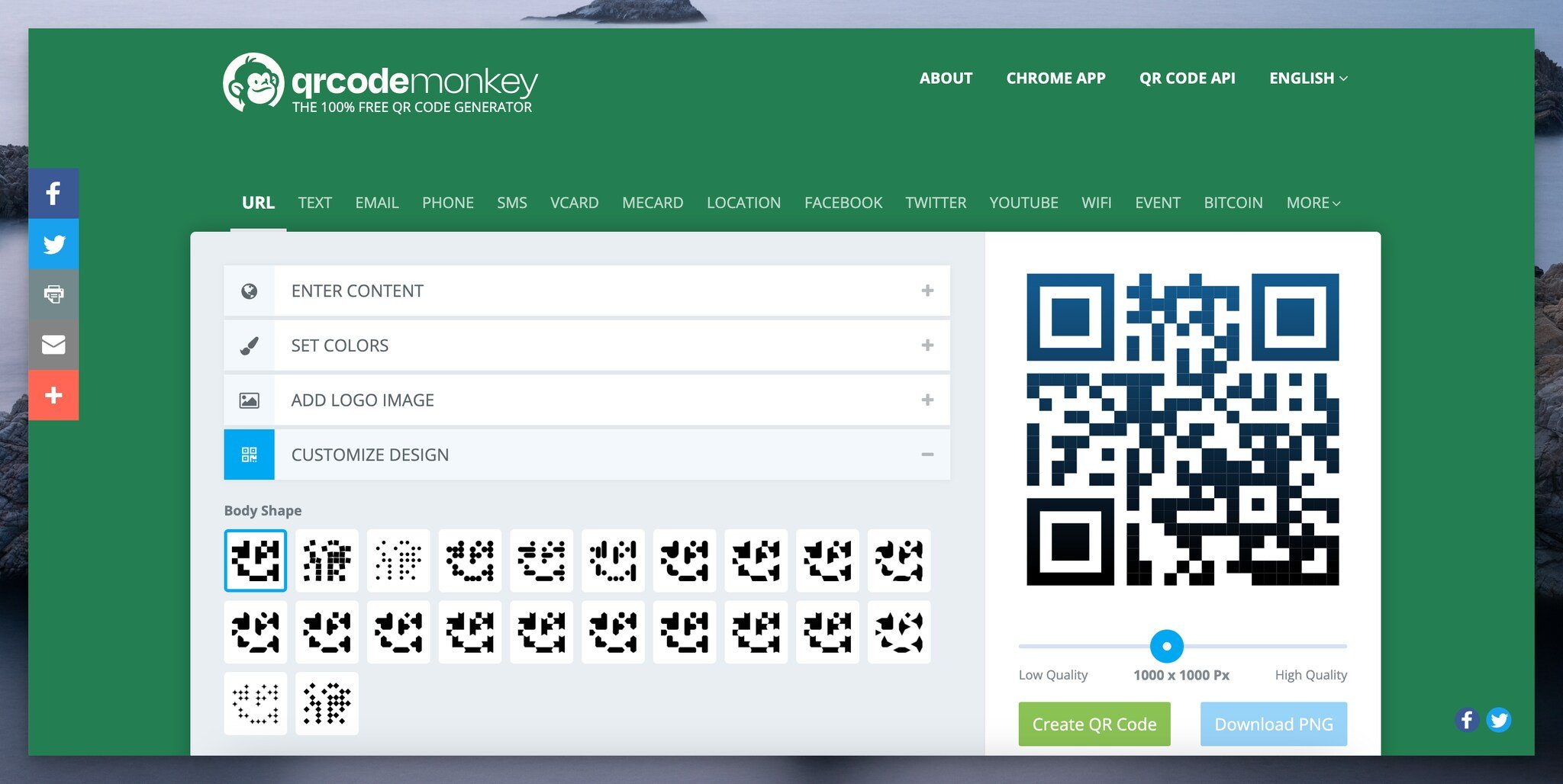 QR Code Monkey QR code generator's homepage with