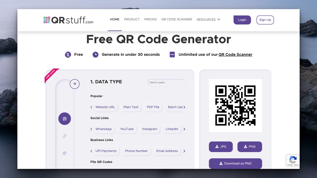 QRstuff QRcode generator's homepage with "Free QR Code Generator" headline bold on top followed by QR type options on the left and on the right, there is a QR code preview with three download buttons below