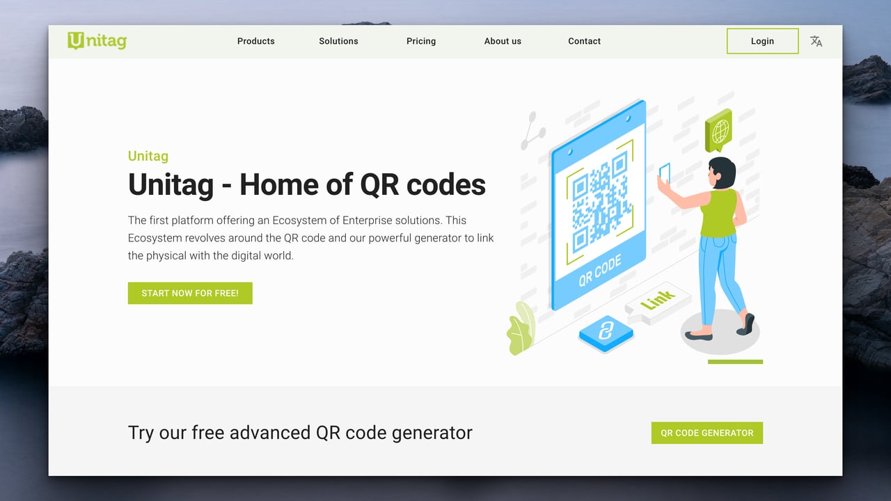 unitag QR code generator's homepage with the headline on the left followed by a piece of text and "start now for free" button, and on the right, there is an illustration of a woman scanning the QR code on the wall using her phone