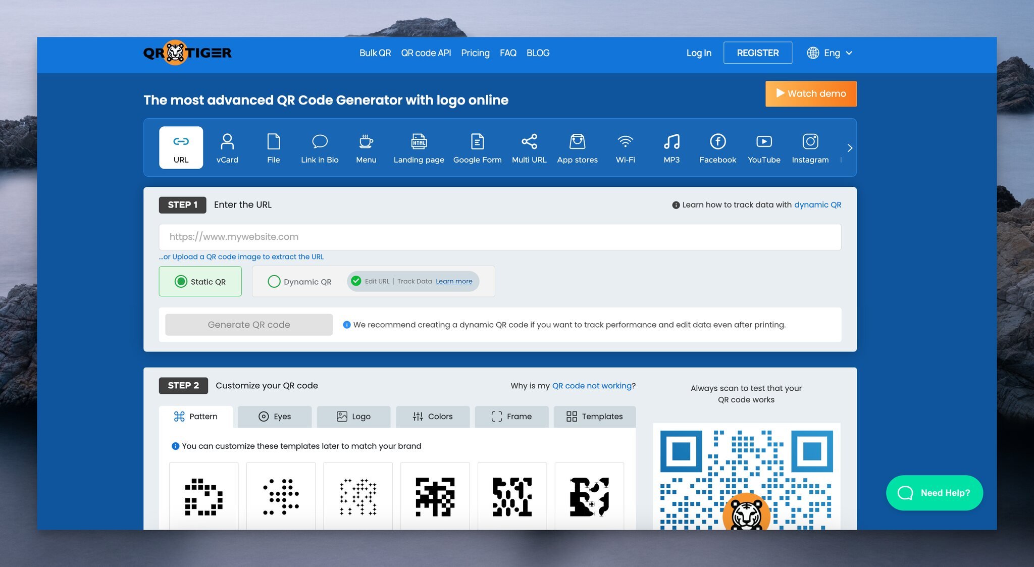 QRtiger qr code generator's homepage with the QR code types listed next to each other on top and there is a URL box below followed by QR code customization steps