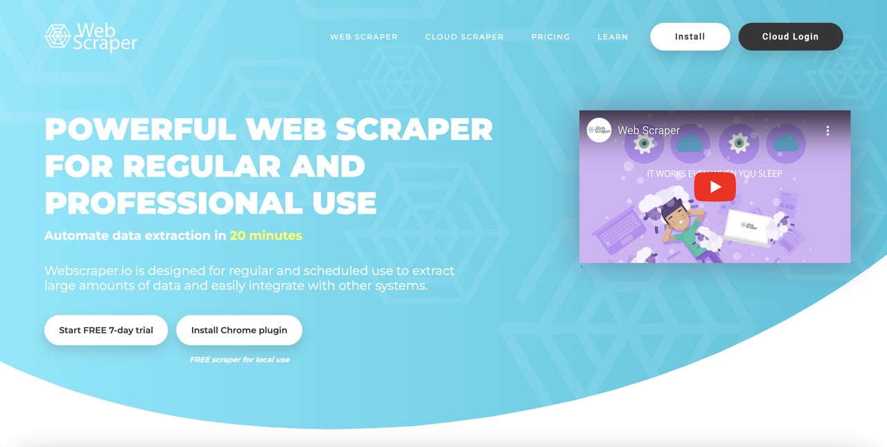 Webscraper.io homepage with video