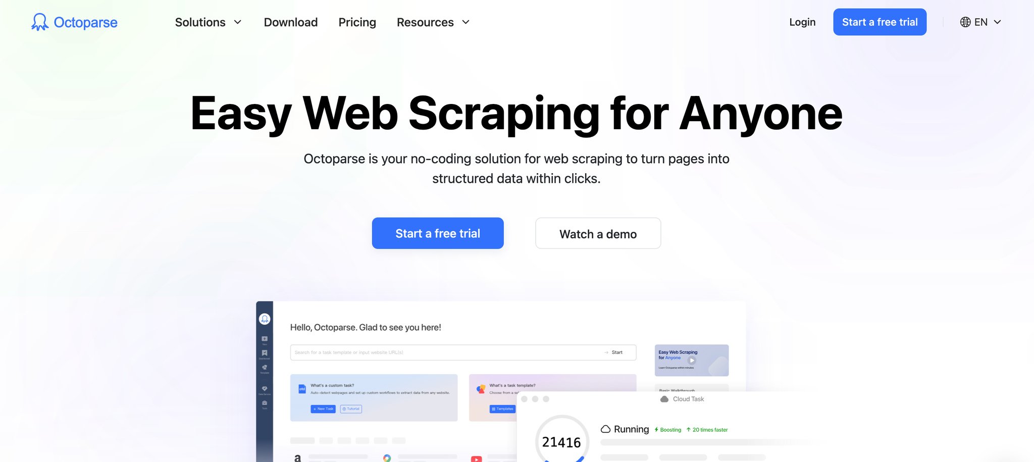 Octoparse data scraping tool homepage