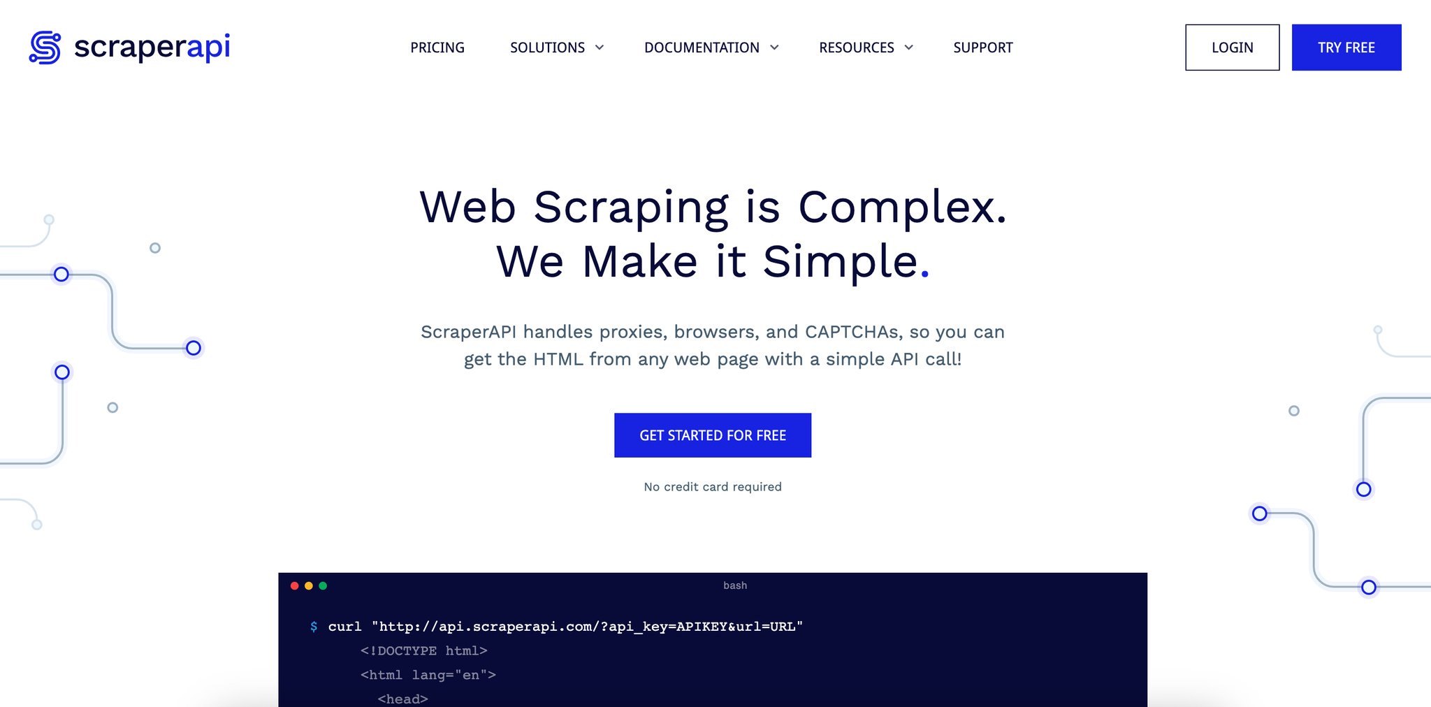 The homepage of Scraper API, web scraping tool