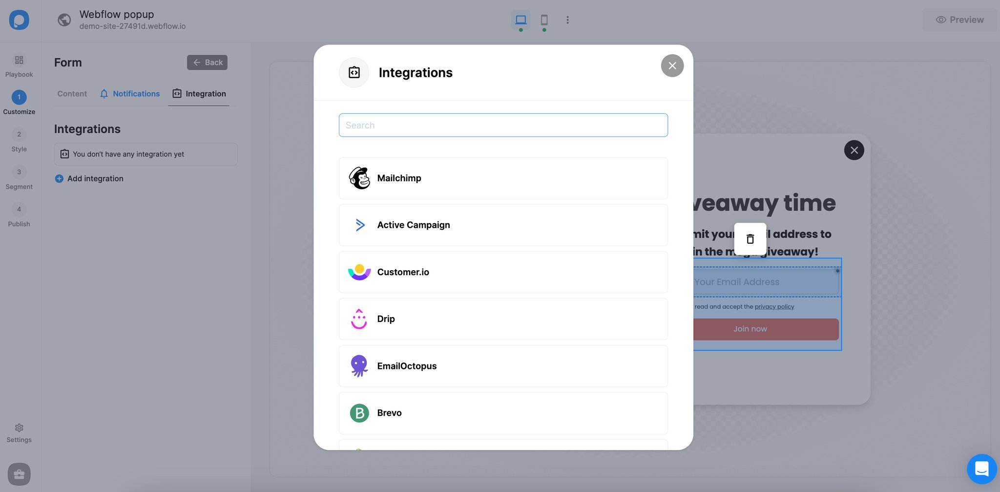 Popupsmart integration options on form element