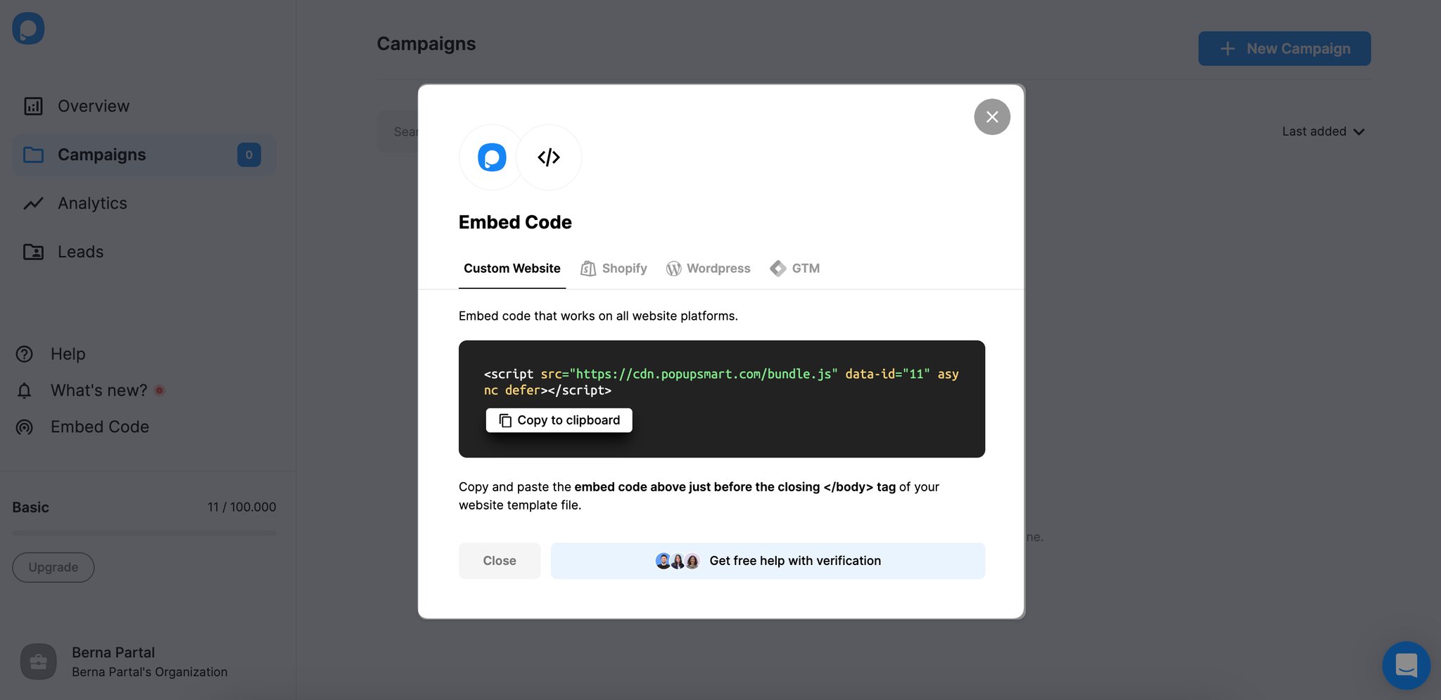 Popupsmart embed code modal