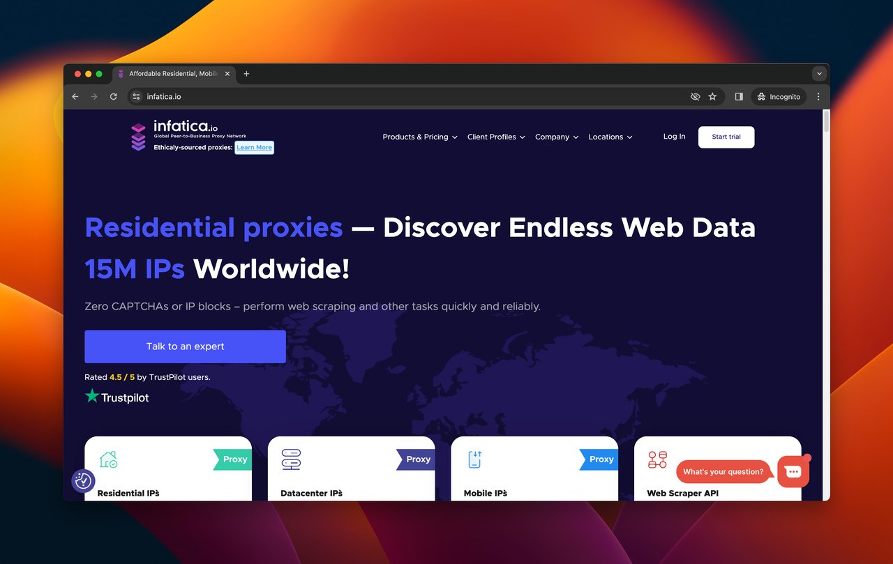 Infatica homepage with a wide introduction about the proxy server and its details