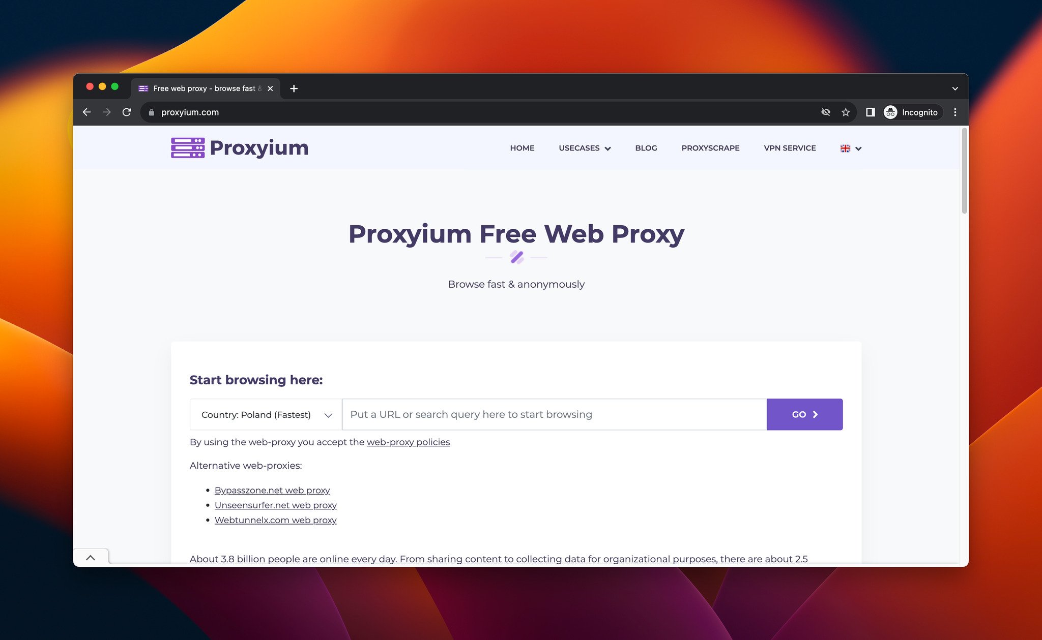 A screenshot of the homepage of Proxyium, which is a free web proxy