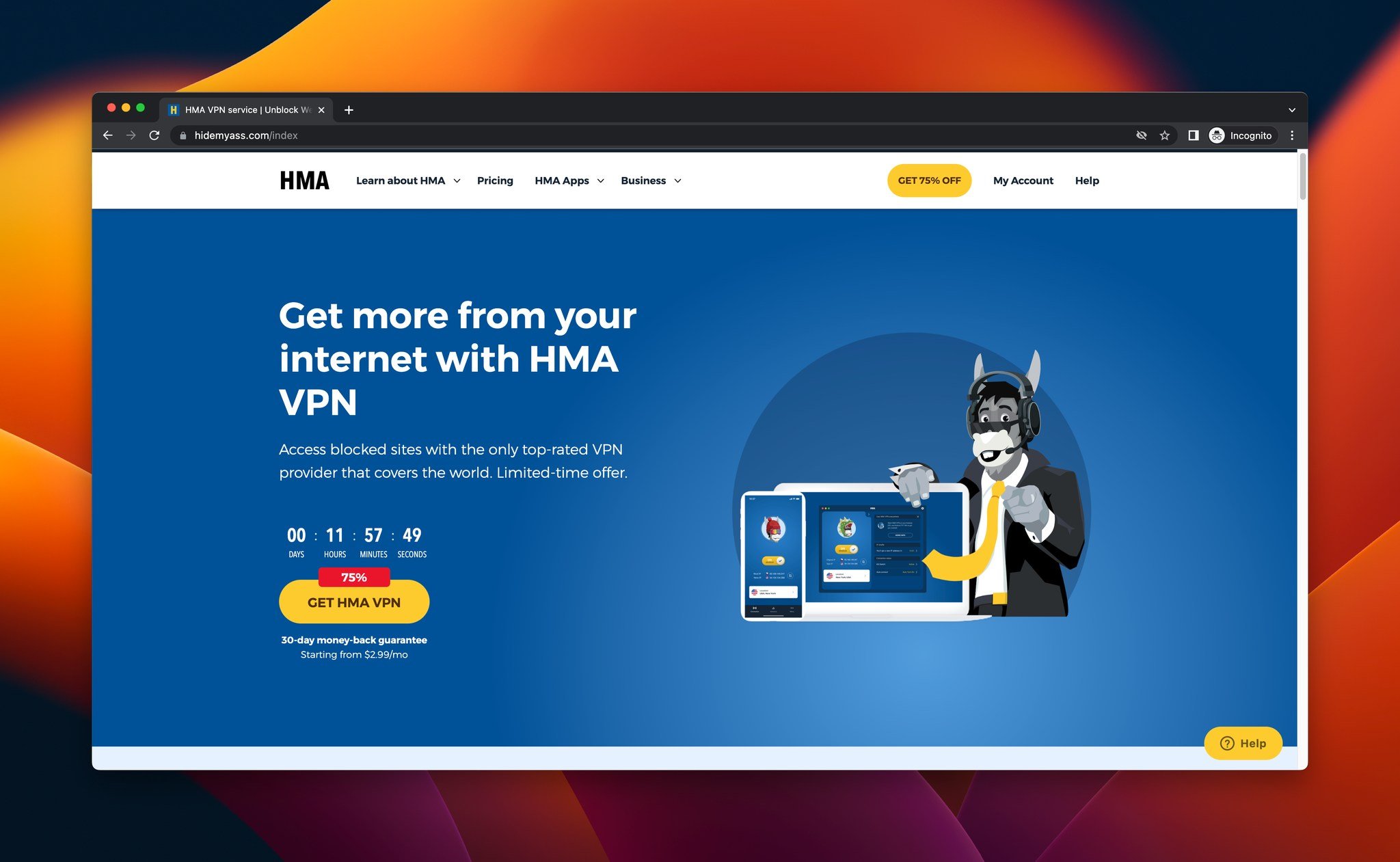 A screenshot of the homepage of HMA, which is a proxy server