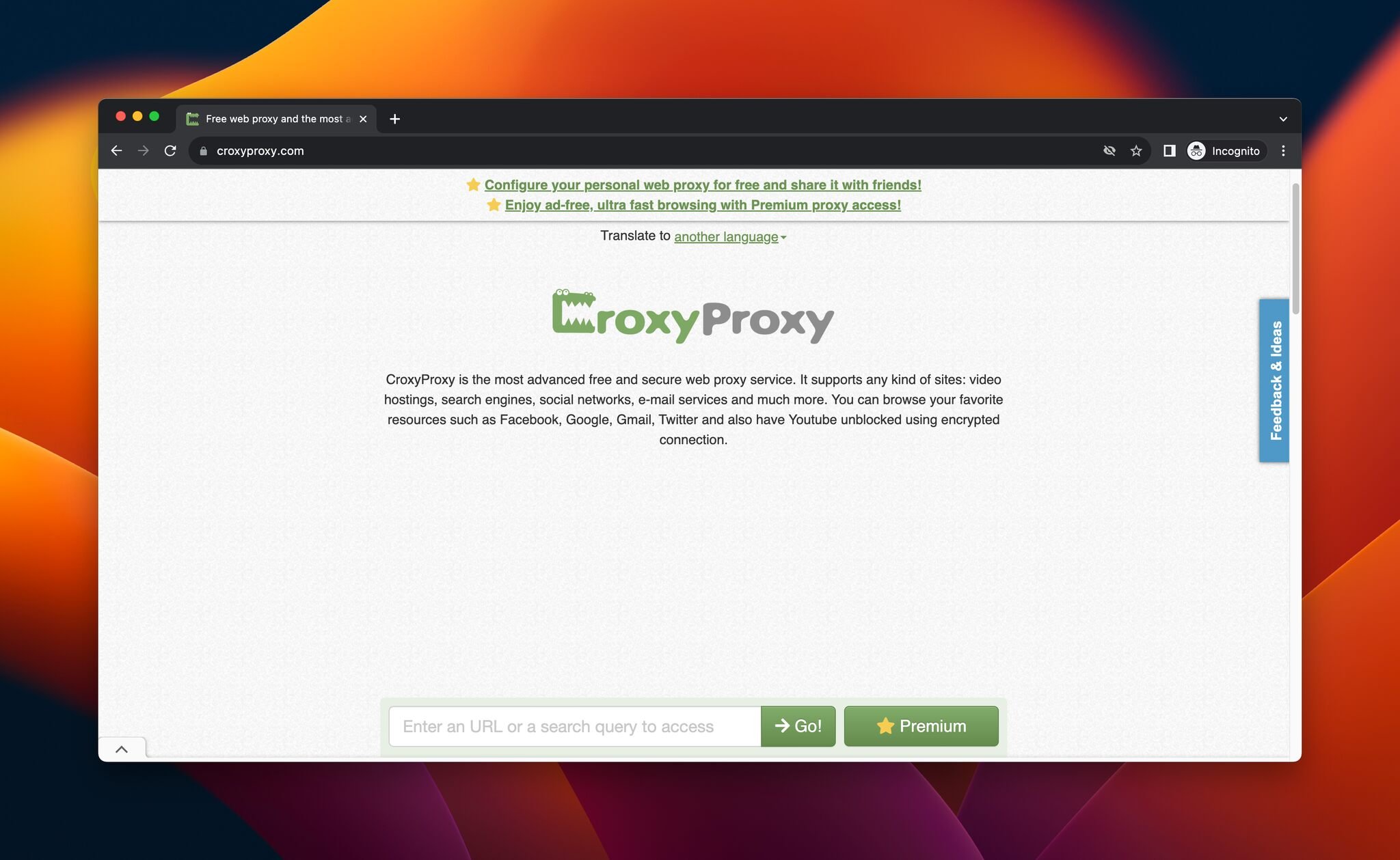 A screenshot of the homepage of CroxyProxy, which is a free web proxy