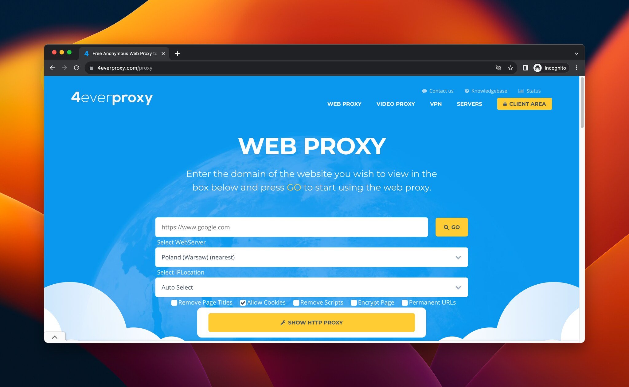 A screenshot of the landingpage of 4everproxy, which is a free web proxy