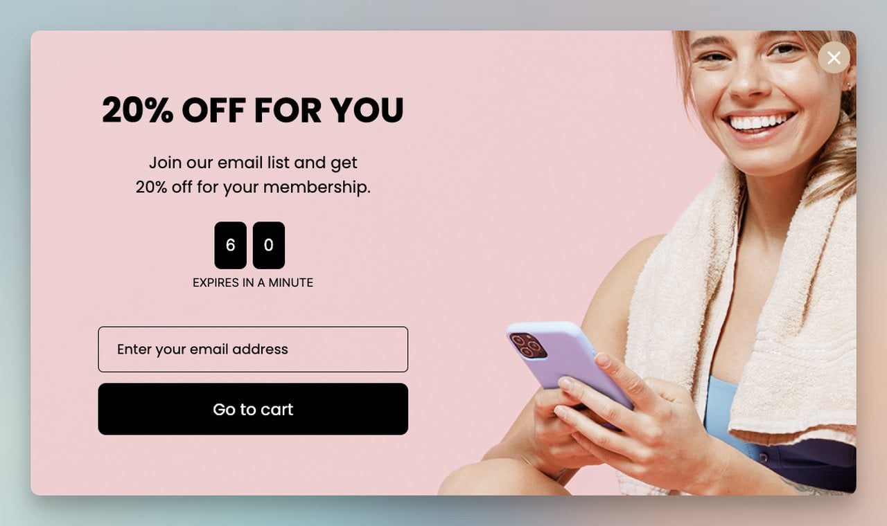 an email list discount popup example with a text that says "20% OFF FOR YOU" and a picture of a girl in her work out outfits