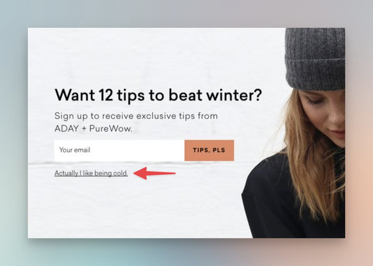 Creative popup example with an engaging call-to-action and a picture of a giurl wearing a hat