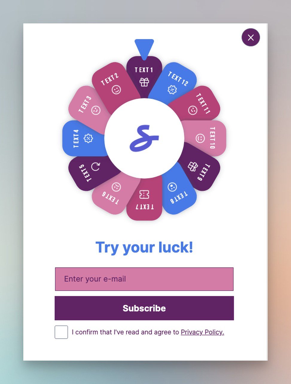 a Gamified popup example with a spin to win wheel and a text that says "Try your luck"