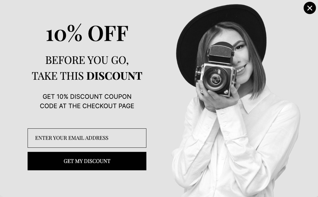 a discount popup example with a picture of a girl taking a picture with an old camera