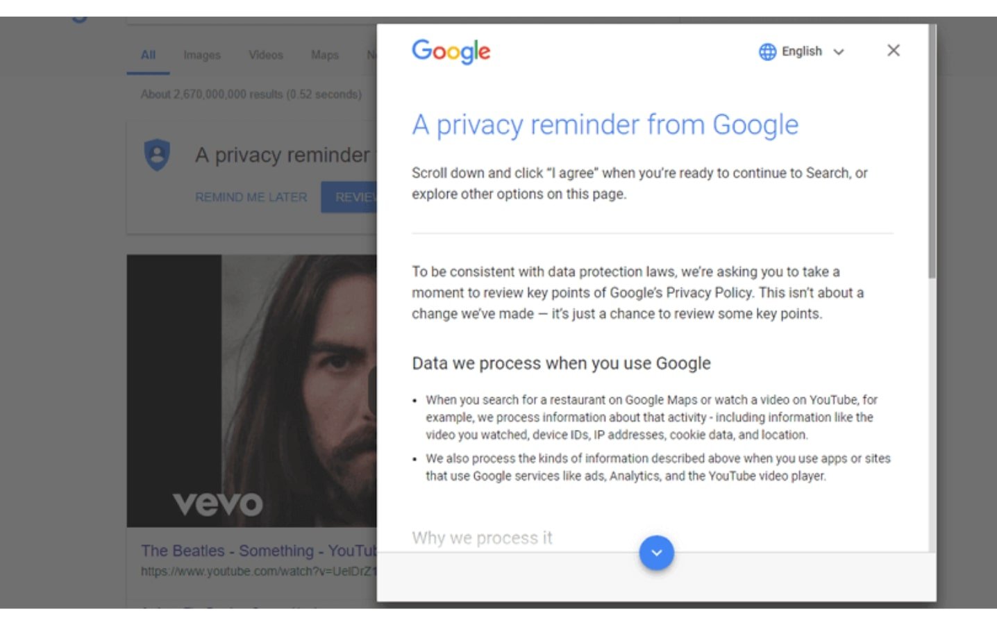 Google's cookie consent notice popup example