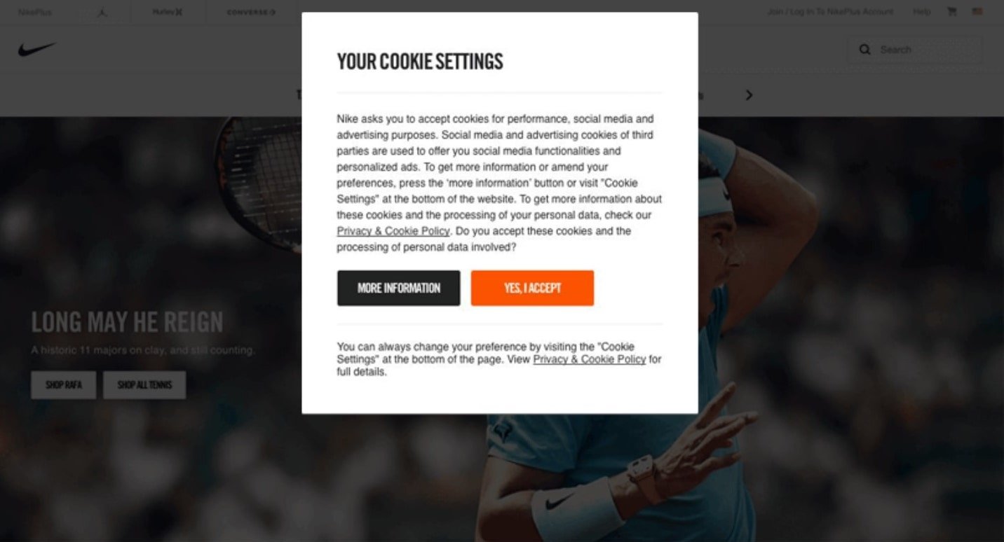 cookie consent popup of nike GDPR-compliant cookie notice example