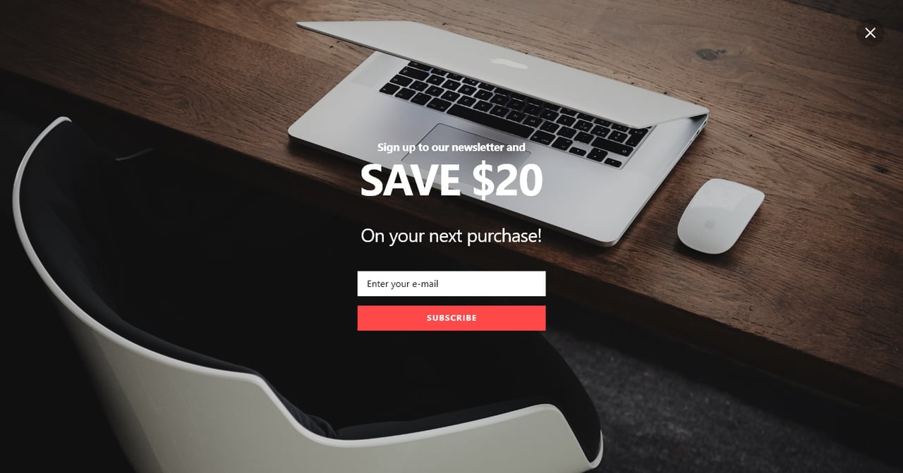 Modal pop up example save $20 email subscription