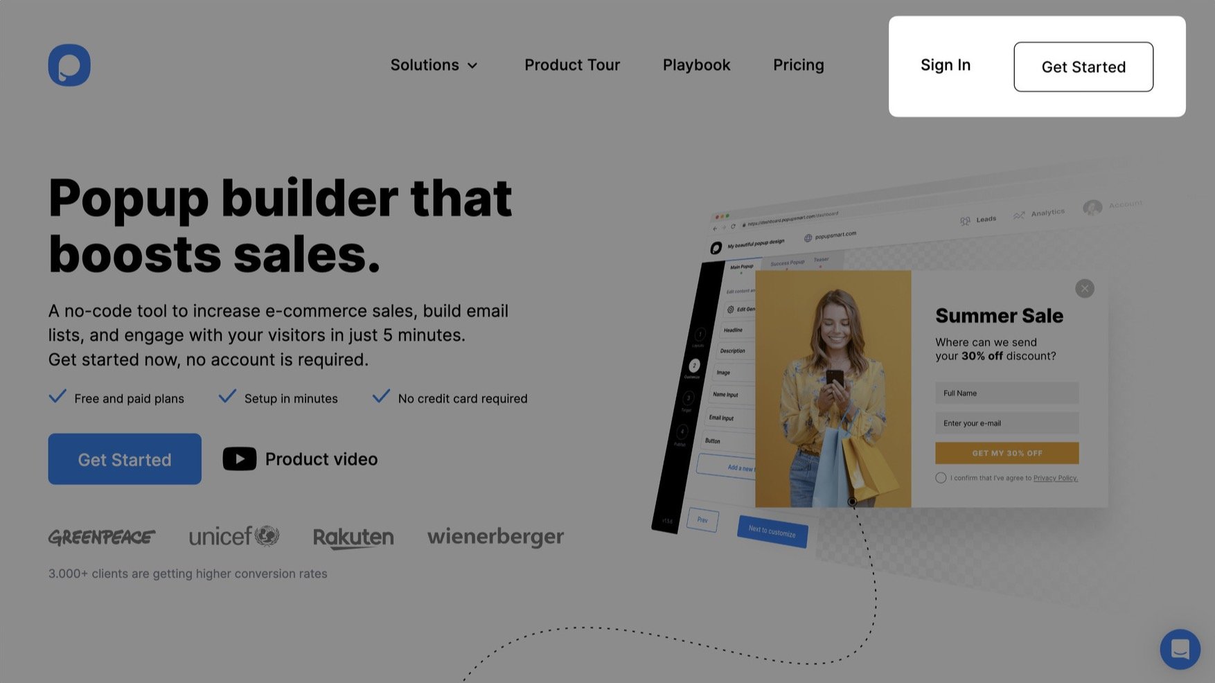 Popupsmart's homepage with the headline "Popup builder that boosts sales" on the left followed by a short descriptive text and "Get Started" and "Product Demo" buttons, showing "Sign In" and "Get Started" buttons highlighted