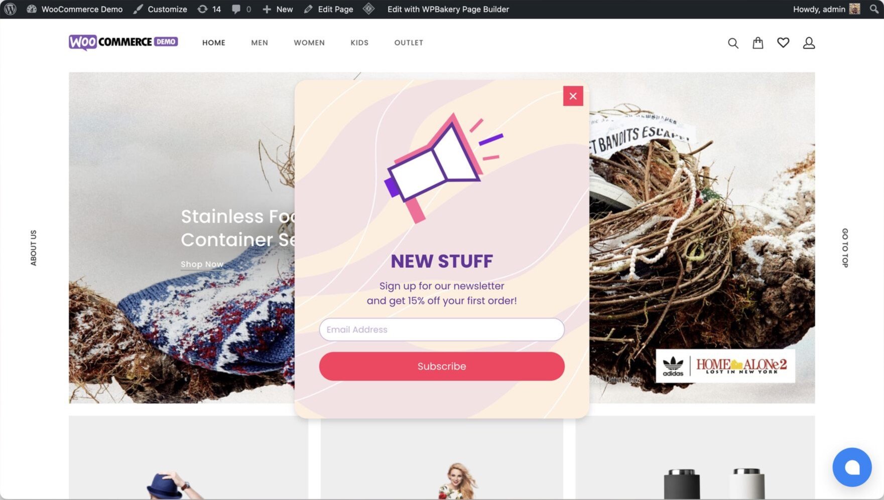 a Wordpress website with a popup showing a megaphone and "New Stuff" head text in pink theme