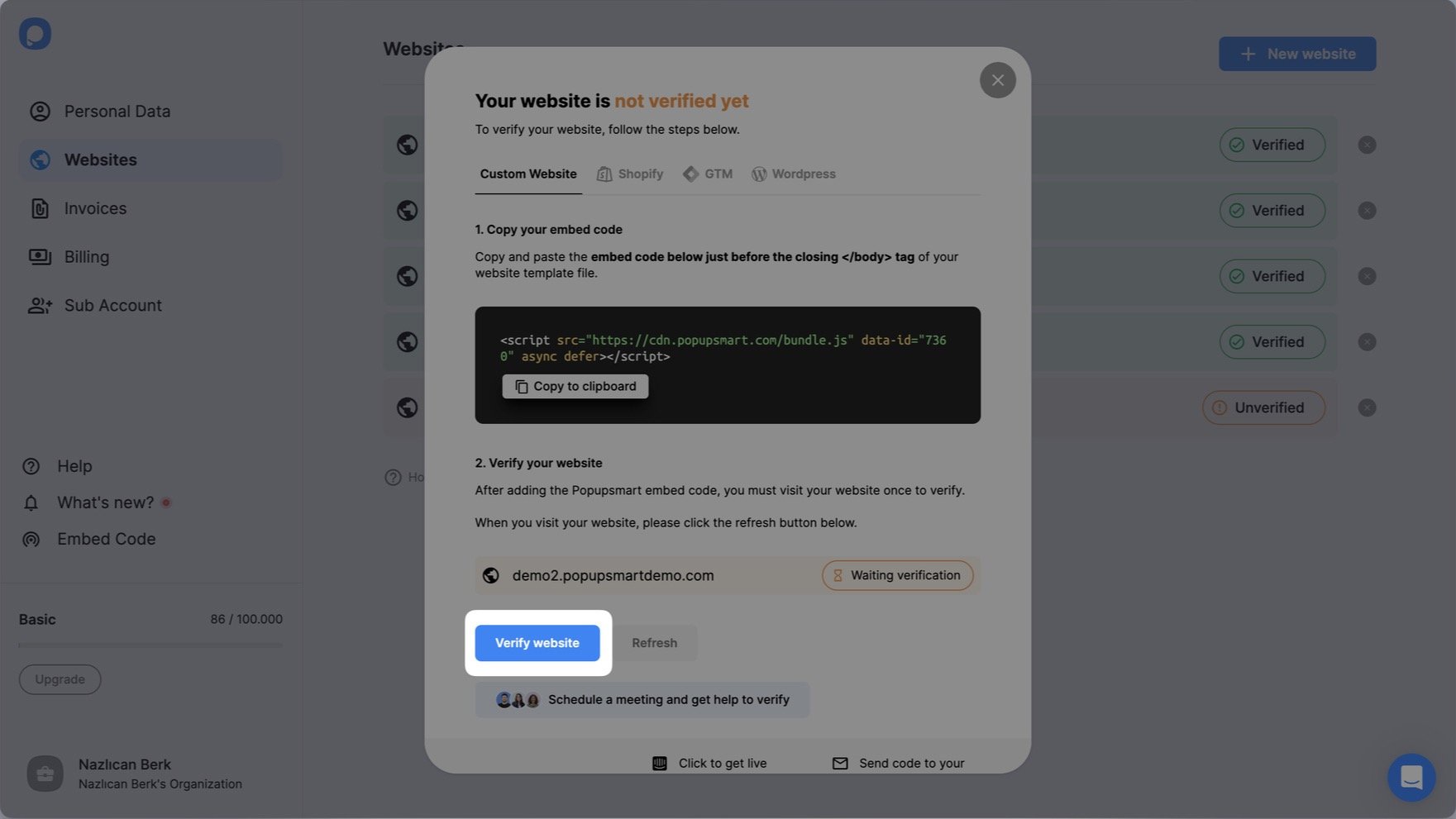 Popupsmart's embed code modal showing "Verify website" button highlighted