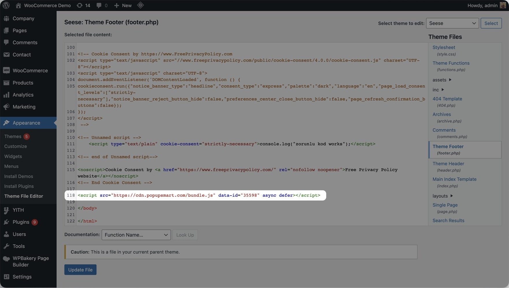 Wordpress website Admin Theme Footer section showing Popupsmart's embed code highlighted