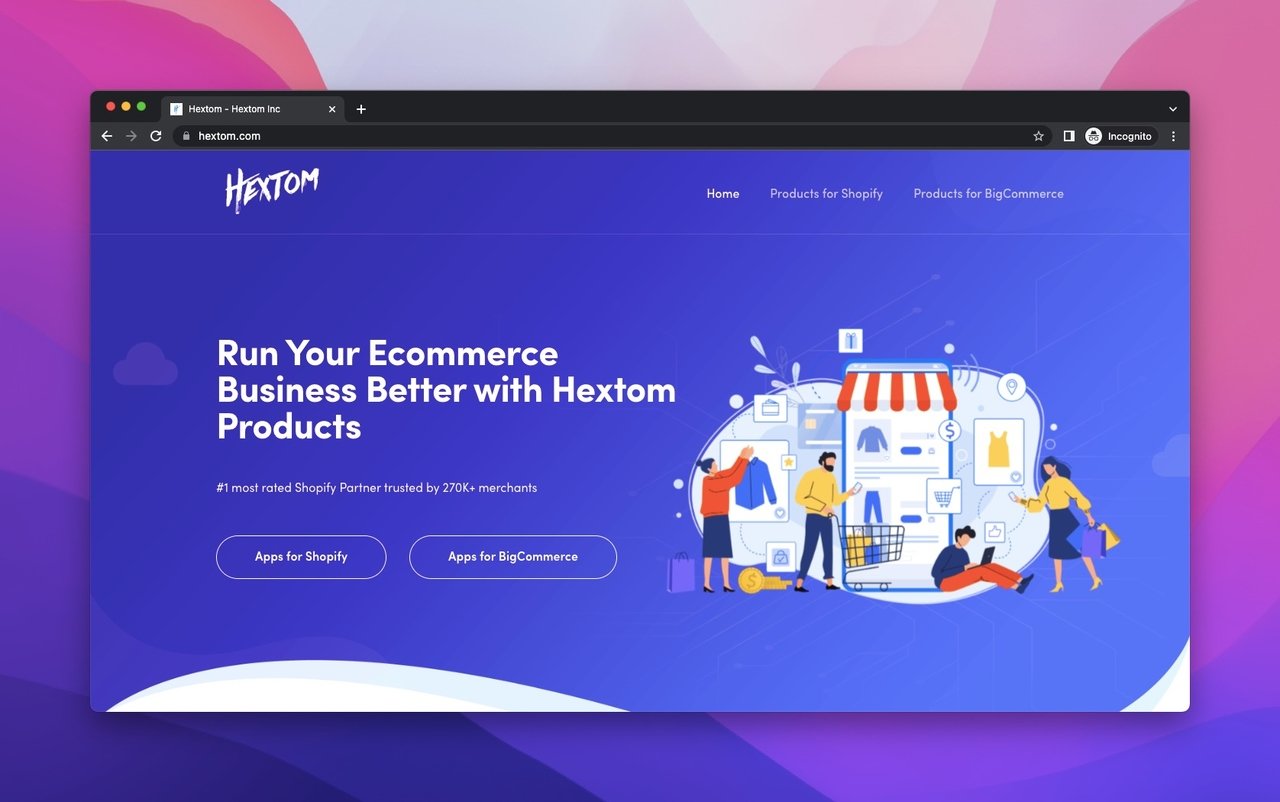 Hextom webpage with a bloe background with CTA explanation and an element featuring people dealing with e-commerce